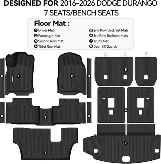 Floor Mats for Dodge Durango 7 Seats/Bench Seats 2016-2025 2026, Trunk Mat and Backrest Mats & Door Sill Guard All Weather TPE Protector for Dodge Durango Accessories