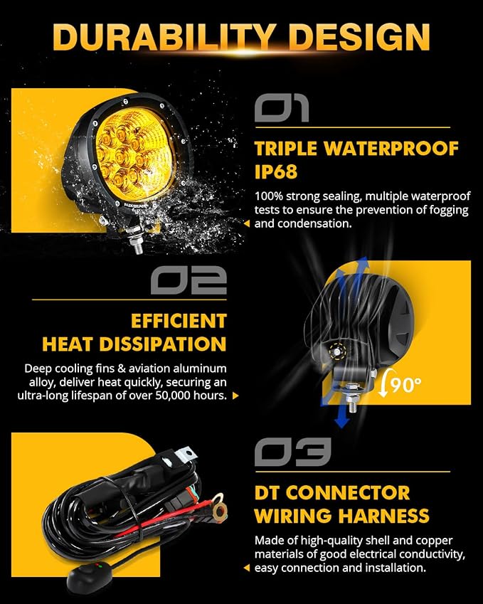 Auxbeam P4 Series Amber Round Fog Lamps 4-Inch 90W Flood Light Pods | Yellow driving lights for rain dust snow, 4x4 ATV Jeep truck motorcycle ditch lights, LED offroad light bar 2-pack