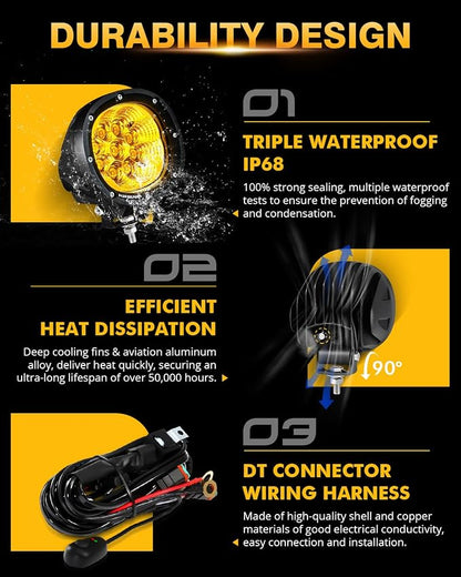 Auxbeam P4 Series Amber Round Fog Lamps 4-Inch 90W Flood Light Pods | Yellow driving lights for rain dust snow, 4x4 ATV Jeep truck motorcycle ditch lights, LED offroad light bar 2-pack