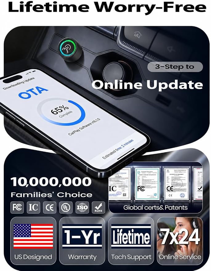 Wireless CarPlay Adapter, Fast Auto Connect, No Lag, Easy Device Switching for 2 Phones, Plug & Play, 5GHz WiFi, Compatible with iPhone 6 or Above