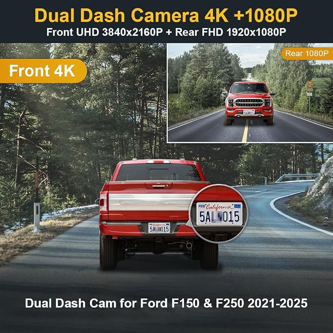 Fitcamx Front 4K+Rear 1080P Dash Cam Adapts for Ford F150 F250 2021-2025 Limited XLT XL Raptor Lariat Platinum King Ranch Tremor, OEM Look, Dual HD Video, WiFi&APP, Loop Recording, G-Sensor,128GB Card