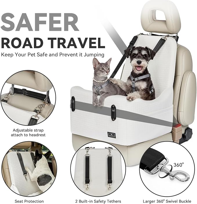 PETSFIT Dog Booster Car Seat for Small/Medium Dogs Up to 35 lbs – Patented Safety System, 5" Memory Foam Pet Car Seat, Fully Detachable and Washable Cover, Front/Back Seat Travel Booster (Beige)