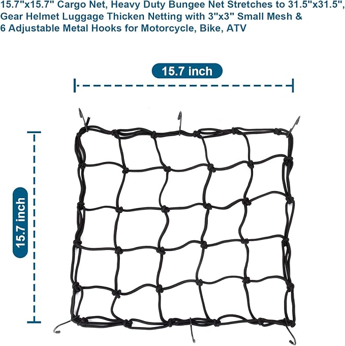 15.7"x15.7" 2Pack Bungee Cargo net Motorcycle, Made of Latex Heavy Duty Bungee Net Stretches to 33"x33", Luggage Thicken Netting with3 x3 Small Mesh&6 Adjustable Metal Hooks for Motorcycle, Bike, ATV