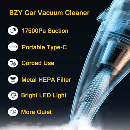 BZY Handheld Vacuum Cleaner Cordless Rechargeable 17500Pa Strong Suction Small Handheld Vacuum with LED Light Portable Car Vacuum Cleaner with Multi-Nozzles & Washable Filter 35Min for Car Home Pet