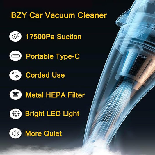 BZY Handheld Vacuum Cleaner Cordless Rechargeable 17500Pa Strong Suction Small Handheld Vacuum with LED Light Portable Car Vacuum Cleaner with Multi-Nozzles & Washable Filter 35Min for Car Home Pet