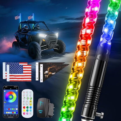 Ehaho 2 PCS 5FT Whip Lights with Spring Base, APP & Remote Control Led Whip Lights for Side by Side, Spiral RGB Chasing Lighted Whips with Rocker Switch, Music Led Whips for UTV ATV RZR SXS Can-Am