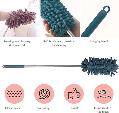 2PCS Car Interior Duster with Extension Pole, 11.8" to 30.5" Retractable Dusters Auto Dash Cleaning Tool, Soft Chenille Hand Washable Dusters for Car Window Furniture Office (Navy Blue)