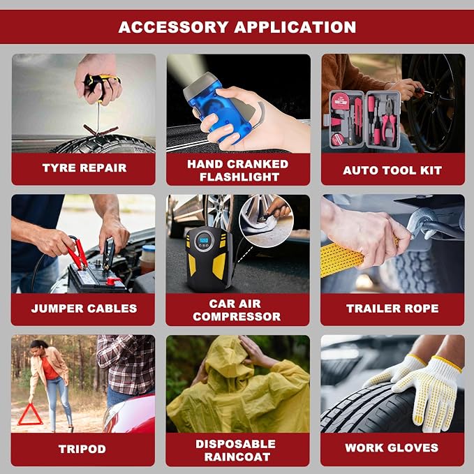 All-in-One Car Emergency Kit with Digital Tire Inflator, Jumper Cable, Tow Strap, Reflective Triangle, First Aid Kit, Hand Crank Flashlight, and Repair Tools for Roadside Safety (Red)