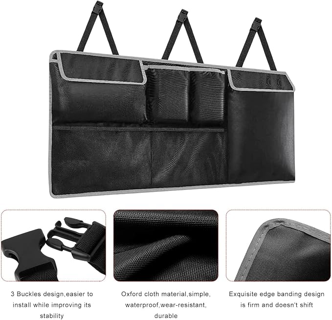 Car Trunk Hanging Organizer, Foldable Backseat Hanging Storage Bag with 6 Large Pockets 2 Hooks, Waterproof Collapsible Cargo Organizer Auto Interior Accessories for SUV Truck MPV