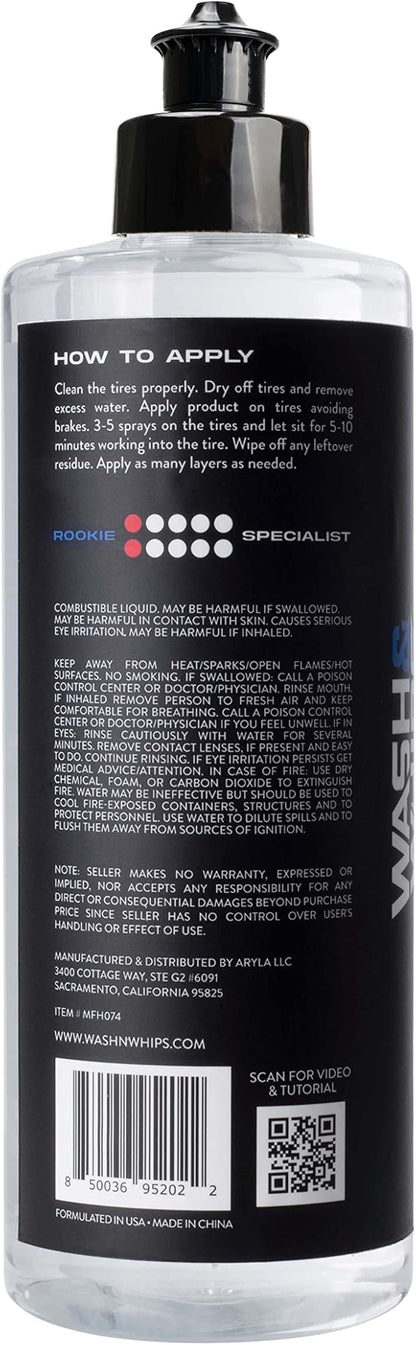 WASH&WHIPS Daytona Tire Coating - for a Glossy Wet & Shine Finish, Protection Formula, Easy to use for Car Detailing, Restores Trim & Wheels, Coats up to 64 Tires, 16 fl oz