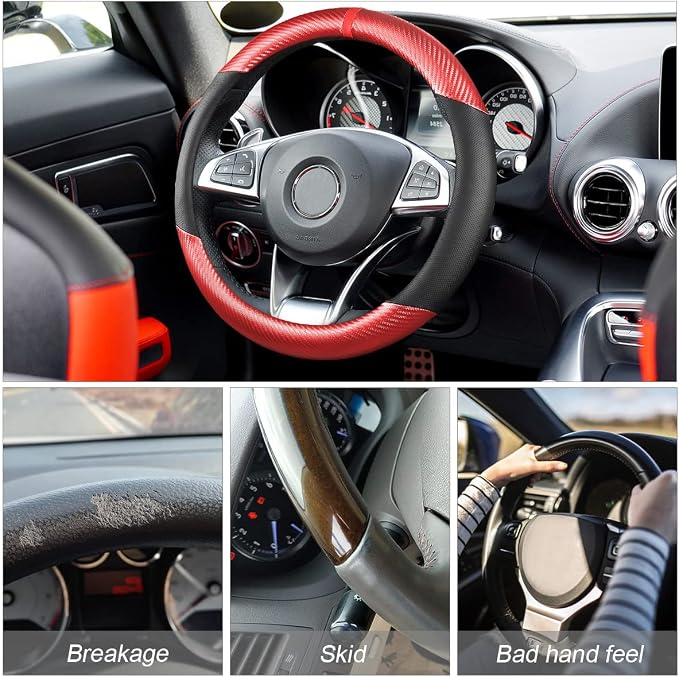Moly Magnolia Steering Wheel Cover, Carbon Fiber Breathable Microfiber Leather with Non-Slip Lining, Cool in Summer Warm in Winter for Men Women, Universal 15 Inch for Most Cars (Carbon Fiber Red)