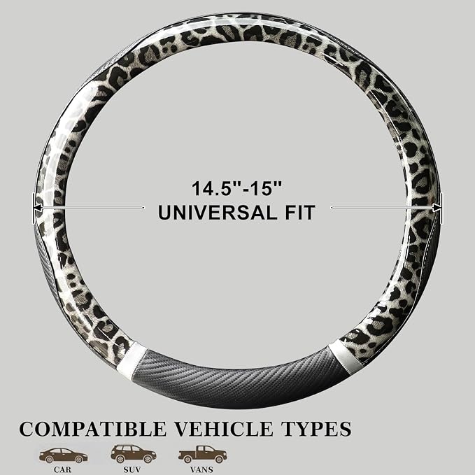 KAFEEK Black Leopard Steering Wheel Cover, 15 inch Carbon Fiber Texture, Grey White Cheetah Pattern, Non-Slip Microfiber Leather, Universal Fit for SUV Sedan