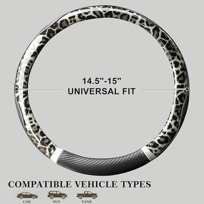 KAFEEK Black Leopard Steering Wheel Cover, 15 inch Carbon Fiber Texture, Grey White Cheetah Pattern, Non-Slip Microfiber Leather, Universal Fit for SUV Sedan