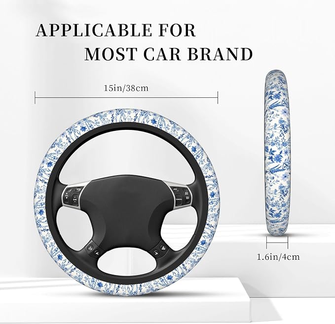 Blue Floral Steering Wheel Cover for Women & Men – Universal 15 Inch Car Accessories, Non-Slip & Stylish Design, Fits Most Cars, SUVs, and Auto