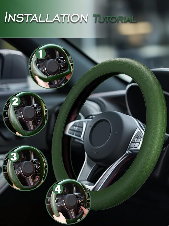 LRITER Car Steering Wheel Cover, Non-Slip Silicone Material, Multiple Color Choices, Universal Auto Parts Steering Wheel Cover, Suitable for Most Cars (Dark Green)