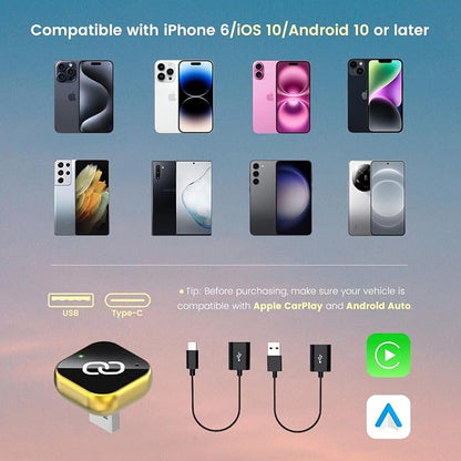 Wireless CarPlay Adapter, 2025 Wireless CarPlay Adapter for iPhone, in Car Accessories, USB and USB C, for IOS10 or Above, for Car Models from 2016 Onwards (Gold)