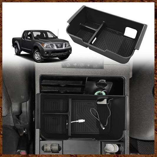 Muslogy Center Console Organizer Compatible with 2005-2021 Nissan Frontier & 2005-2012 Nissan Pathfinder Accessories Middle Console Divider Storage Box Armrest Insert Tray with Anti-Slip Mats