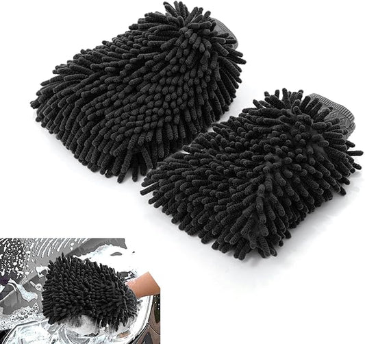 2 PCS Chenille Car Wash Mitt, 5.51" x 9" Premium Microfiber Ultra-Soft Scratch-Free Glove, Double-Sided High Absorbency Car Detailing Mitt, Universal for Most Cars (Black)