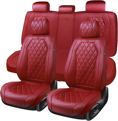 CAR PASS Luxury Nappa Leather Seat Covers Full Set, 3D Rhombus Waterproof Faux Leather Seat Covers, Premium Automotive Seat Cushion Universal Fit for Sedan SUV Truck Van,Airbag Compatible Burgundy Red