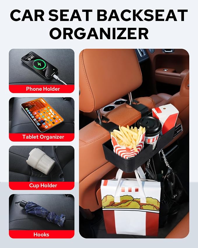Benlari Car Headrest Backseat Organizer with 3.7" Cup Holder - 3 in 1 Seat Back Organizer Headrest Hooks, Multifunctional Storage for Car Backseat Travel Accessories (2pcs)