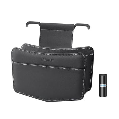 Car Trash Can Small Leather Vehicle Trash Bin Car Dustbin Garbage Organizer Holder with Trash Bag Foldable Mini Cars Storage Bag Container for Auto SUV Van Trucks (Black,Hanging Hook)