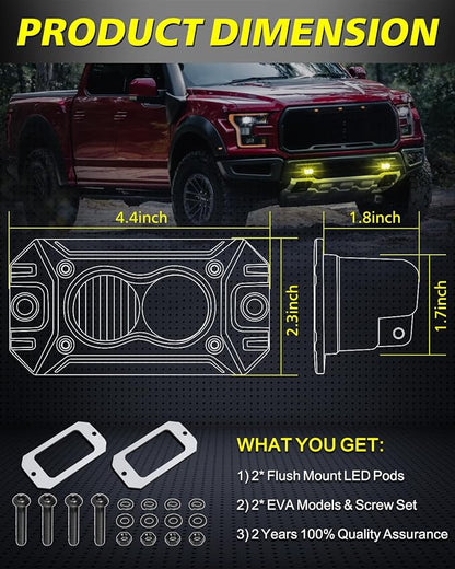 Yellow Flush Mount LED Pods 40W CREE LED Flush Bumper Fog Lights | Spot Flood Combo Offroad Driving Lights Yellow Flush Mount LED Chase Light Pods for Trucks Pickup SUV UTV ATV