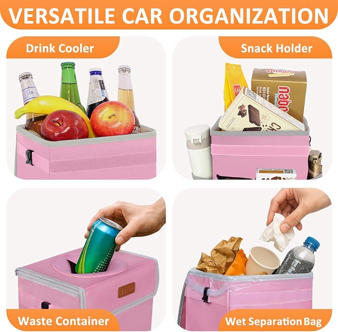 Vankor 3 Gallons Car Trash Can with Lid, Car Trash Bag Bin Hanging Waterproof Automotive Garbage Cans Leak Proof Vehicle Trash Can Pink