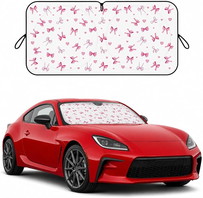 Car Windshield Sun Shade with Cute Heart Bow, Foldable Front Window Sunshade Universal Fits Sedan Compact Car Hatchback SUV, UV Heat Protection - 59 x 27.5