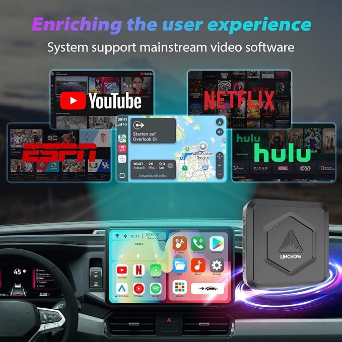 CarPlay Adapter 3-in-1 Wireless AI Smart Box for Apple iPhone and Android Auto for Factory Wired CarPlay Cars, Supports Netflix, ESPN, YouTube, HULU, Wired CarPlay Required