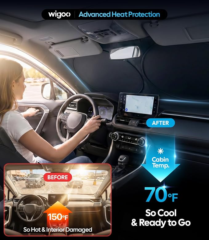 Wigoo 2026 Upgrade Universal Car Windshield Sun Shade [100% Light Block, Durable 210D Oxford] Foldable Heat Insulation Interior Sun Visor to Keep Interior Cool with Storage Bag, XS(59"x21")