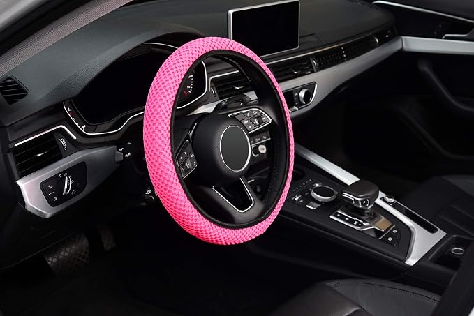 KAFEEK Elastic Stretch Steering Wheel Cover 15 Inch, Breathable Ice Silk Microfiber, Non-Slip Grip, Warm in Winter and Cool in Summer, Odorless, Car Accessories Fit Cars, SUVs, Rose Red