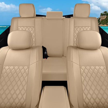 Huidasource Upgrade Grand Cherokee Seat Covers, Full Coverage Waterproof Leather Car Seat Covers, Custom Seat Cushion Protector Fit for Jeep Grand Cherokee 2011-2021 (Full Set/Beige)