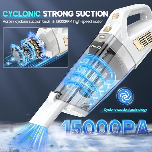 CKIKH Handheld Vacuum Cordless, 15000PA Strong Suction Hand Held Car Vacuum Cleaner Portable with Multi-Nozzles & Washable Filter, Lightweight Rechargeable Vacuum Cleaner for Home, Car, Office, Pets