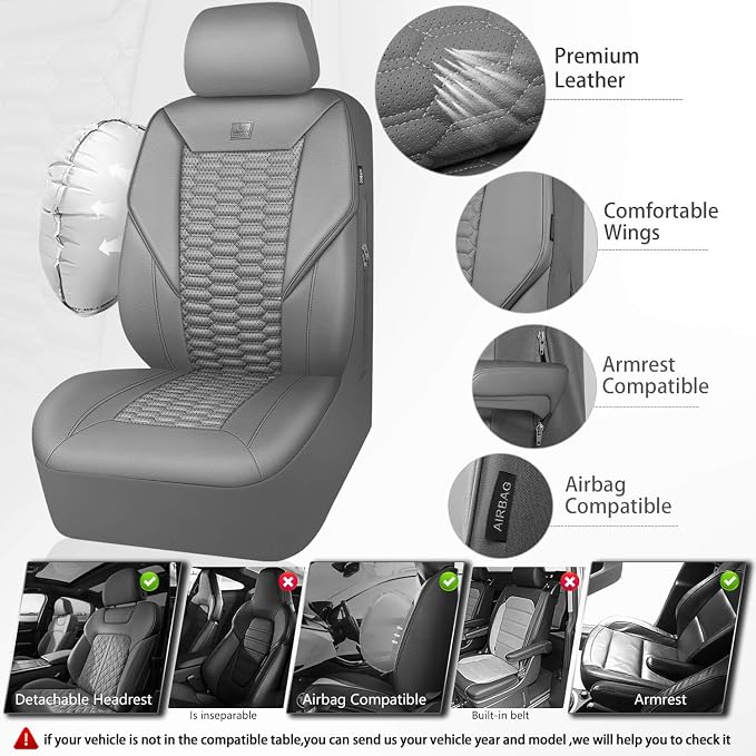 CAR PASS 3D Foam Faux Leather Car Seat Covers Full Set, Grey Breathable PU Leather Seat Covers for Cars, Luxury Universal Fit for SUVs Vans Sedan Truck Automotive, Armrest Airbag Compatible, All Gray