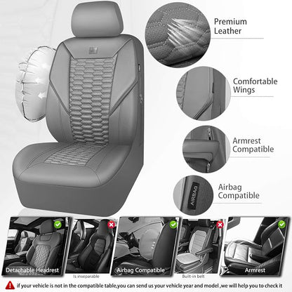 CAR PASS 3D Foam Faux Leather Car Seat Covers Full Set, Grey Breathable PU Leather Seat Covers for Cars, Luxury Universal Fit for SUVs Vans Sedan Truck Automotive, Armrest Airbag Compatible, All Gray