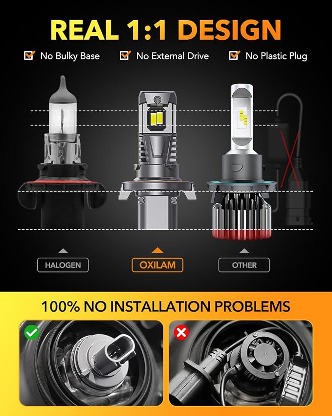OXILAM H13 9008 Light Bulbs, 800% Ultra Brightness, 6500K White Fog Bulb, Wireless, Plug and Play Halogen Replacement, Pack of 2