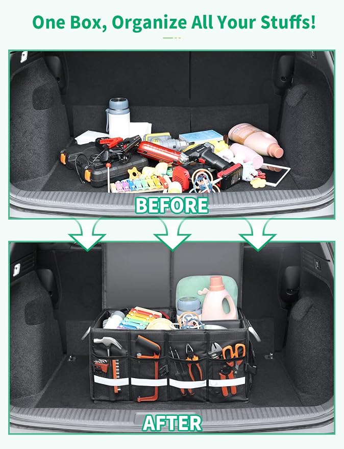 Oasser Trunk Organizer, Large, Black | Waterproof, Collapsible, Foldable Hard Cover, Aluminium Alloy Handle, Reflective Strip