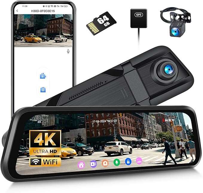 4K Mirror Dash Cam, Front and Rear View Mirror Dual Cameras for Cars with 64G Card GPS BSD 9.66 inch HD Rear View Mirror WiFi App Control Night Vision G Sensor Loop Recording Parking Monitoring