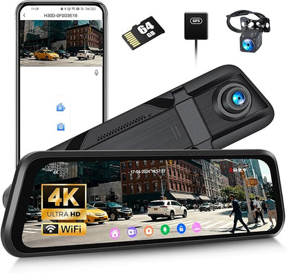 4K Mirror Dash Cam, Front and Rear View Mirror Dual Cameras for Cars with 64G Card GPS BSD 9.66 inch HD Rear View Mirror WiFi App Control Night Vision G Sensor Loop Recording Parking Monitoring
