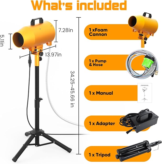 Foam Machine for Foam Party, 3–5m Spray Distance Foam Cannon, Iron Barrel Body, Waterproof Control Box, Water Pump, 4-Position Adjustable Tripod Stand, AC110V Outdoor Foam Maker
