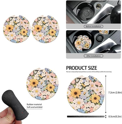 Daisy 13 Pcs Car Seat Covers Full Set, Colorful Flower Field Auto Front and Rear Bench Seat Protector, Countryside Steering Wheel Sleeve Auto Armrest Cover