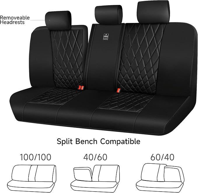 CAR PASS Luxury Faux Leather Rear Bench Car Seat Covers, Waterproof Anti Slip Back Seat Covers, Deluxe Automotive Backseat Cover Universal Fit for Most Cars Sedan SUV Pickup Truck (All Black)