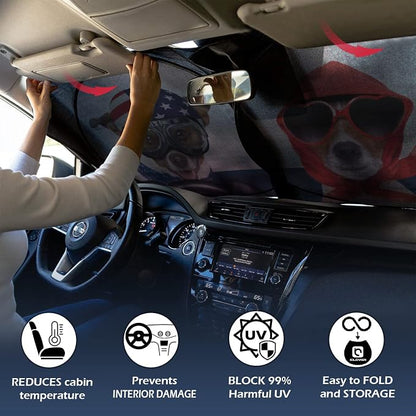 IC ICLOVER Car Windshield Sun Shade with Pet Design, Cute Cartoon Dogs Pattern Automotive Foldable Front Window Sun Visor Protector, Blocks Sun UV Rays Keeps Vehicle Cool (59×33 Inch) Standard Size