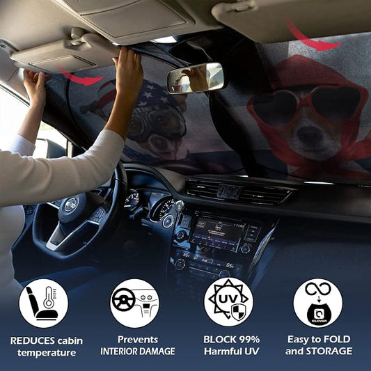 IC ICLOVER Car Windshield Sun Shade with Pet Design, Cute Cartoon Dogs Pattern Automotive Foldable Front Window Sun Visor Protector, Blocks Sun UV Rays Keeps Vehicle Cool (59×33 Inch) Standard Size