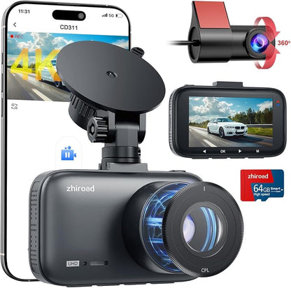Dash Cam Front and Rear, 4K Dual Dash Cam with CPL Filter, Dash Camera for Cars-5GHz WiFi, 3" IPS Screen Dashcams for Cars with 64GB Card, App Control, Night Vision, Parking Monitor, Support 256GB Max