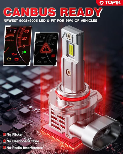 TOPIK 9005 9006 Bulbs Combo, HB3 HB4 Bulbs, 64000LM, 99% Vehicle Fit, Dual Turbo Cooling Fan, Plug N Play, 3MIN Installation, 20Year+ Lifespan, 4PCS