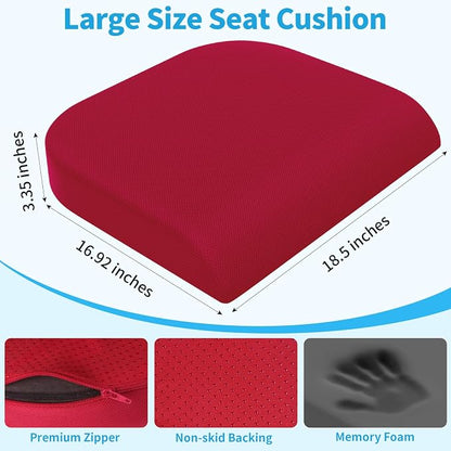TranquilRelax XLarge Seat Cushion, Memory Foam Cushion for Long Sitting Hours on Office Chair, Home & Car, Non-Slip Chair Pad for Relieving Back & Sciatica & Hip & Coccyx Pain (Red)