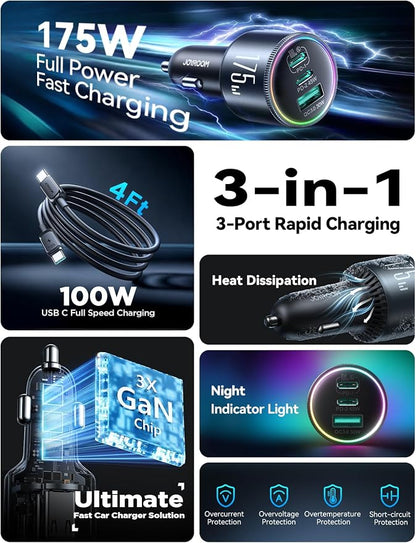 JOYROOM 175W Super Fast Car Charger [GaN] 3-Port Car Charger USB C Fast Charge with USB-C Cable, Car Cigarette Lighter USB Charger for iPhone 17/16/15, Samsung S26/25, Pixel 10, MacBook, iPad and More