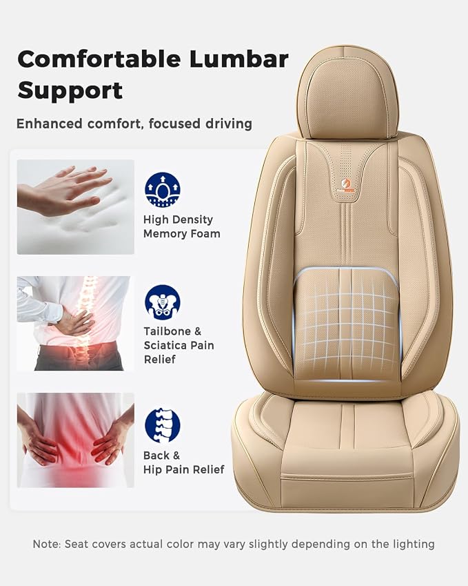 Huidasource Beige Front Seat Cover Luxury Nappa Leather, Front Car Seat Cover with Airbag, Front Storage Pocket, Lumbar Support, Cooling＆Heating, Universal Fit for Most Cars SUV Trucks, Beige
