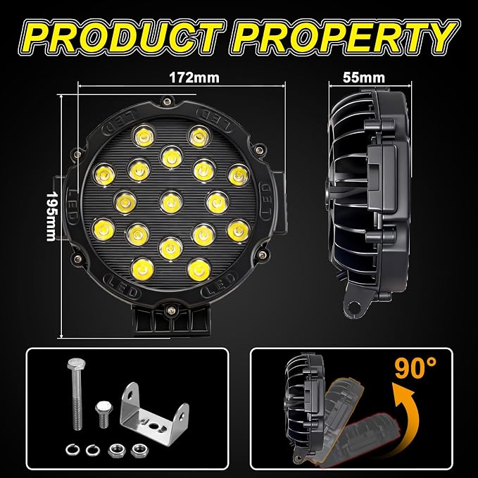 7 Inch Off Road Lights, 5100LM 12-24V LED Driving Light Pods for Tractor, Jeep,SUV,ATV & Truck Bumper pod Lights,2 Pack/Black